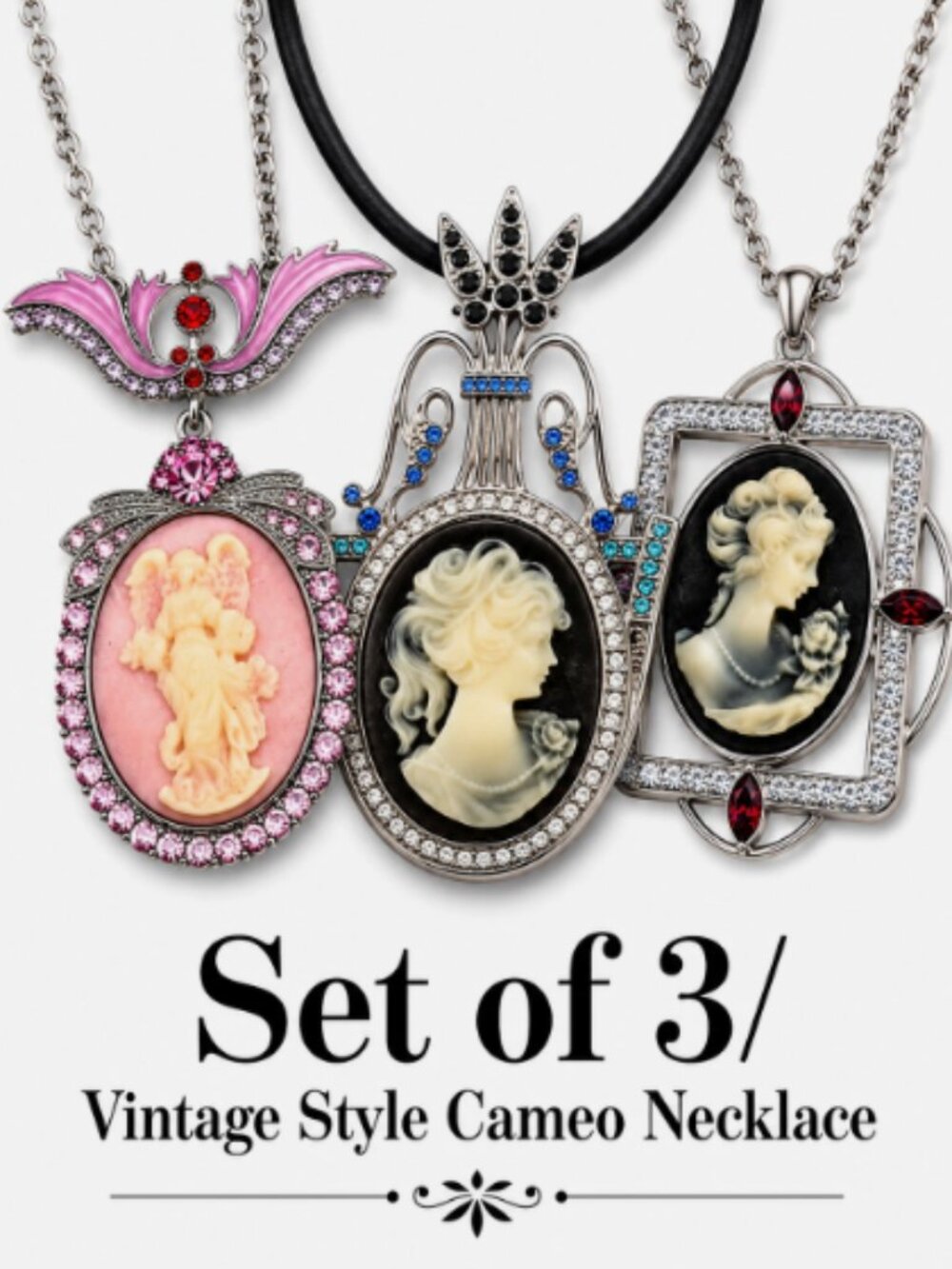(Set of 3) Lady Pink Angel Cameo Vintage Style Dangle Pendant Chain Necklace Ne